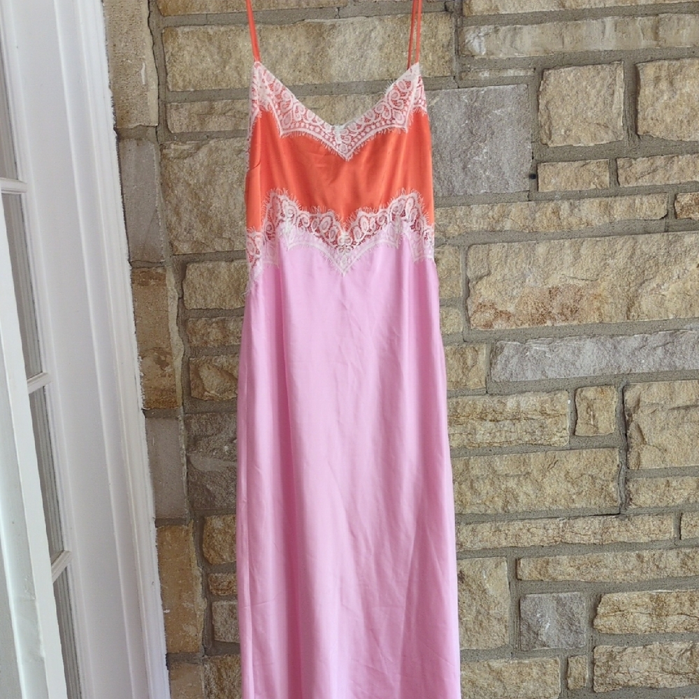 12th Tribe Pink and Orange Satin Chemise with Lace Trim